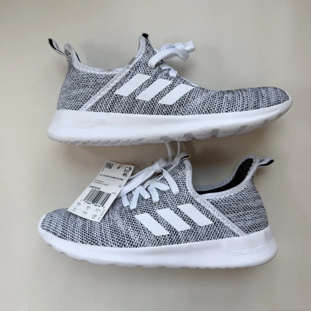 Adidas Cloudfoam Pure Womens 6 Grey White Running Shoes DB0695 Knit Sneakers